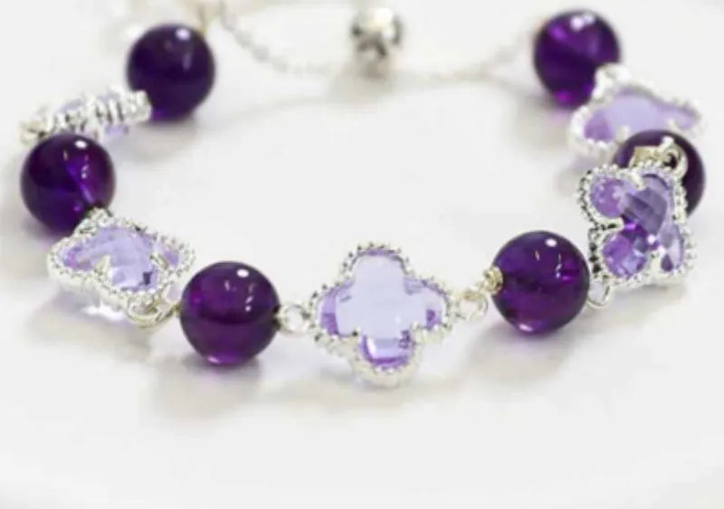 Women's artificial amethyst bracelet with pearl pendant and four-leaf clover charm on U-shaped design