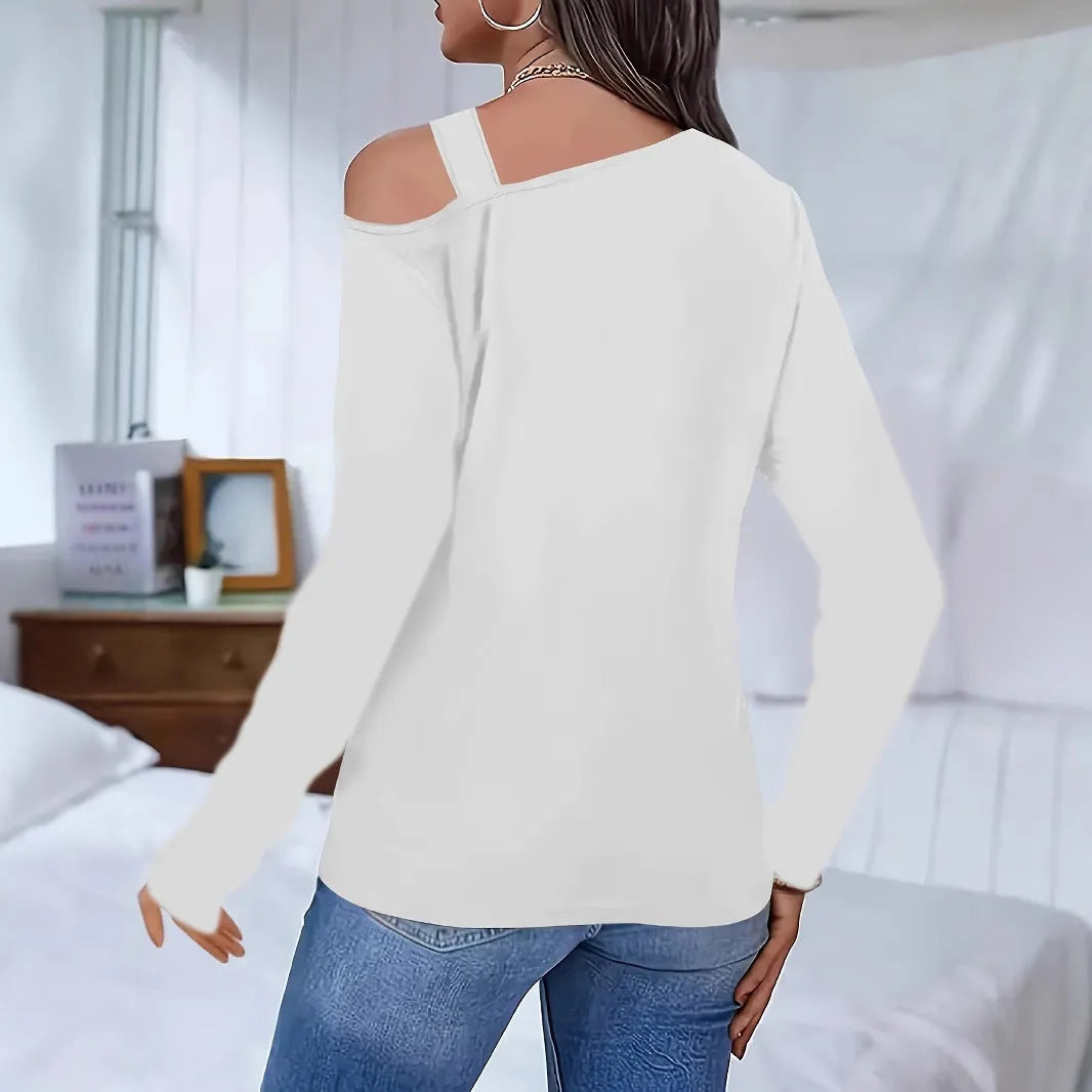 Women's hollow out shoulder long-sleeved t-shirt in slim fit polyester, shown in black, white, and dark blue