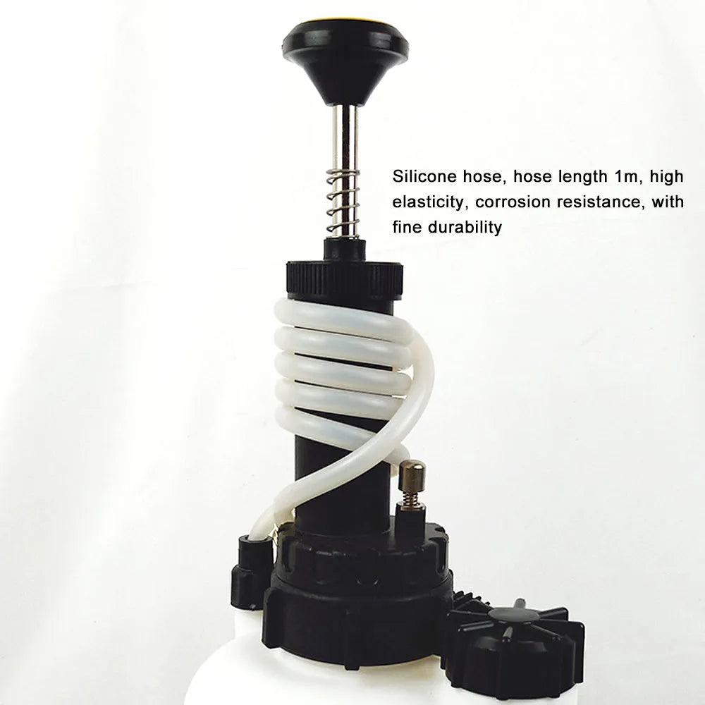 White 3-litre automotive brake fluid tank and replacement tool with copper and iron components.