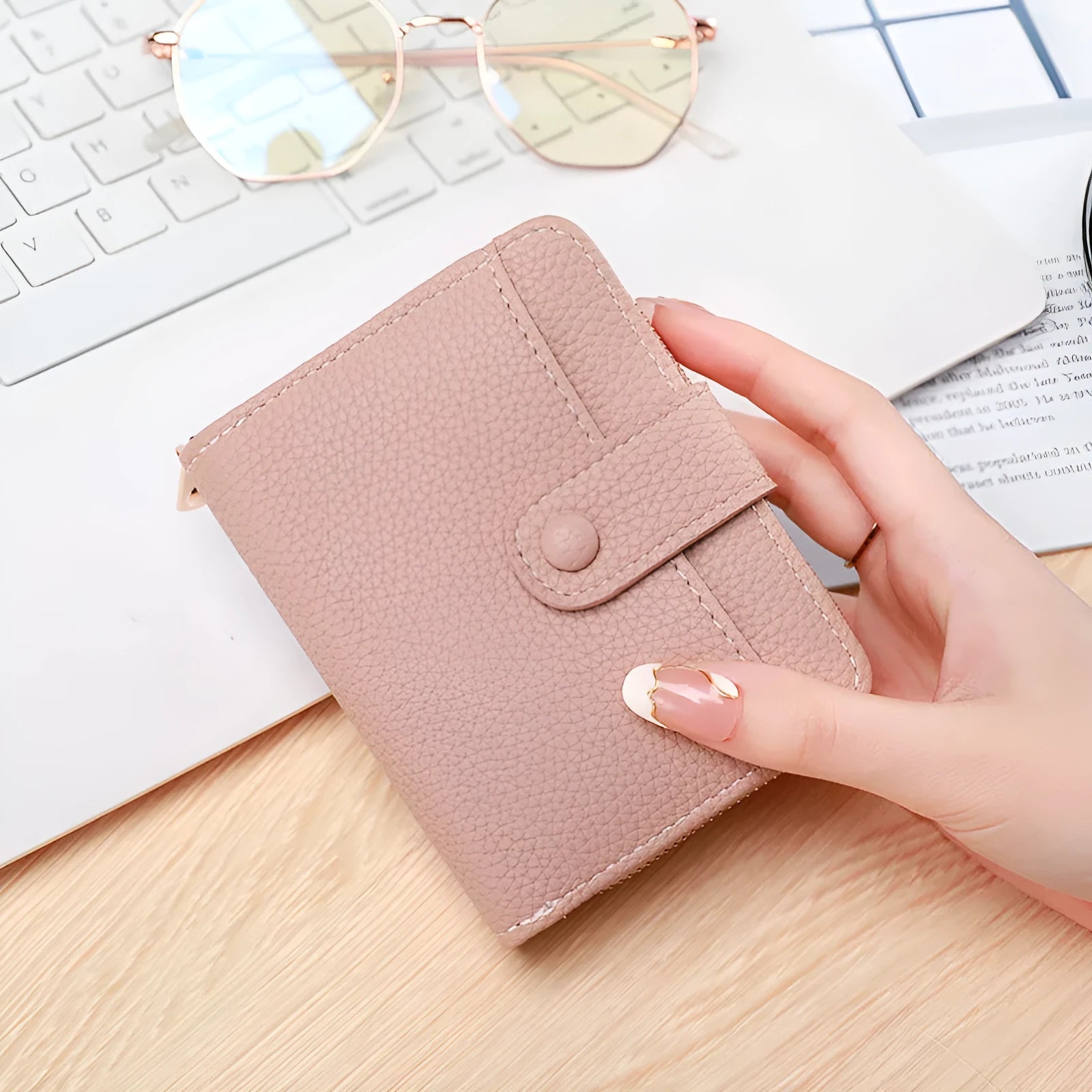 Ladies' short wallet with lychee pattern in beige, pink, black, or red colours