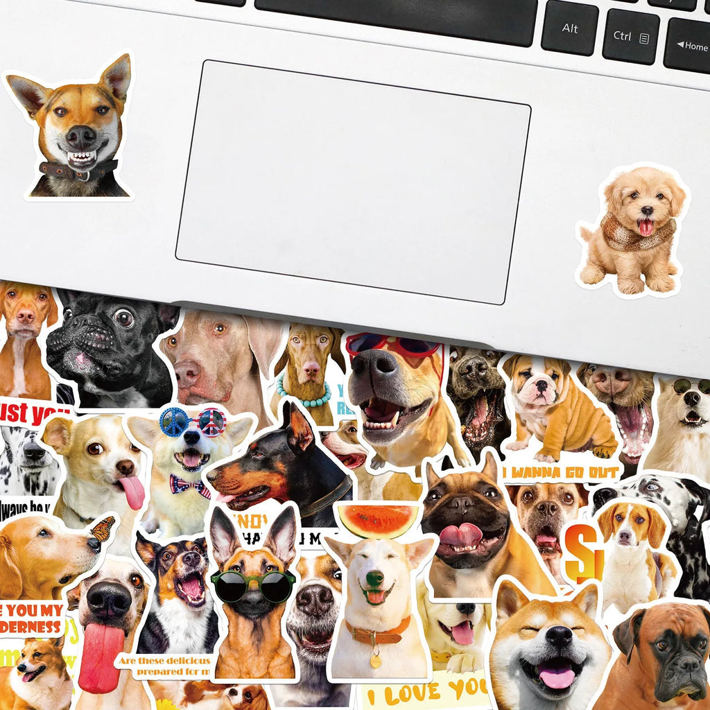 Pack of 100 realistic Nordic style dog face expression vinyl stickers for decoration.
