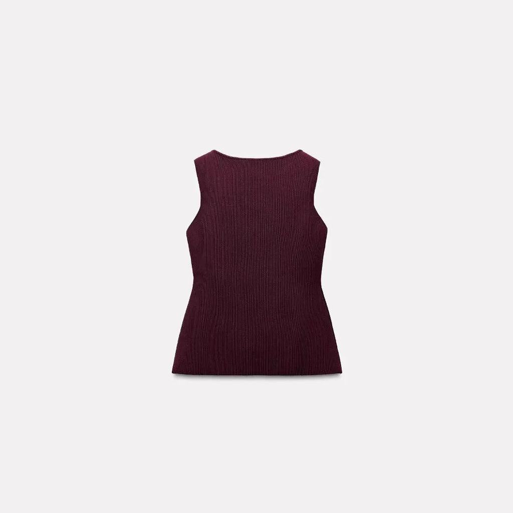 Women's dark red viscose knit sleeveless vest with gold buttons, shown on a model.