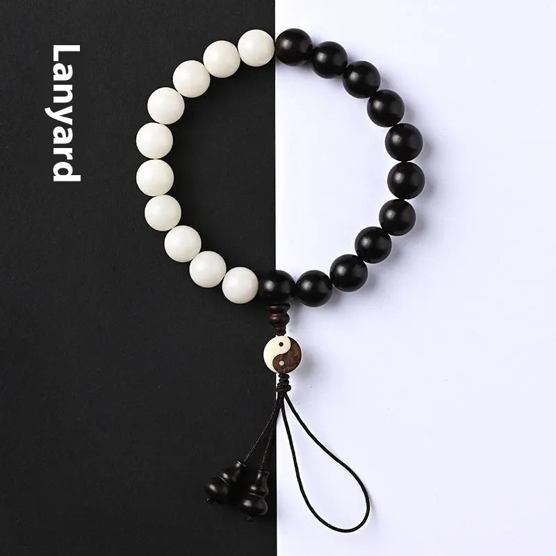 White handmade bodhi bead bracelet with eight-diagram-shaped beads