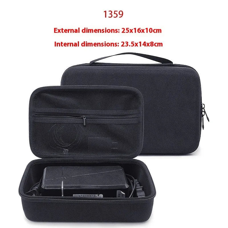 EVA hard shell motorcycle charger storage bag in black with sewn construction, side view interior showing padded interior