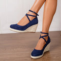Dark blue suede straw woven wedge closed toe high heels with buckle and TPR sole, size 37