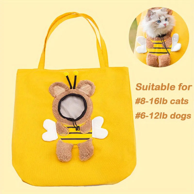 Canvas pet carrier bag with safety zippers and elastic side opening for cat or dog transport
