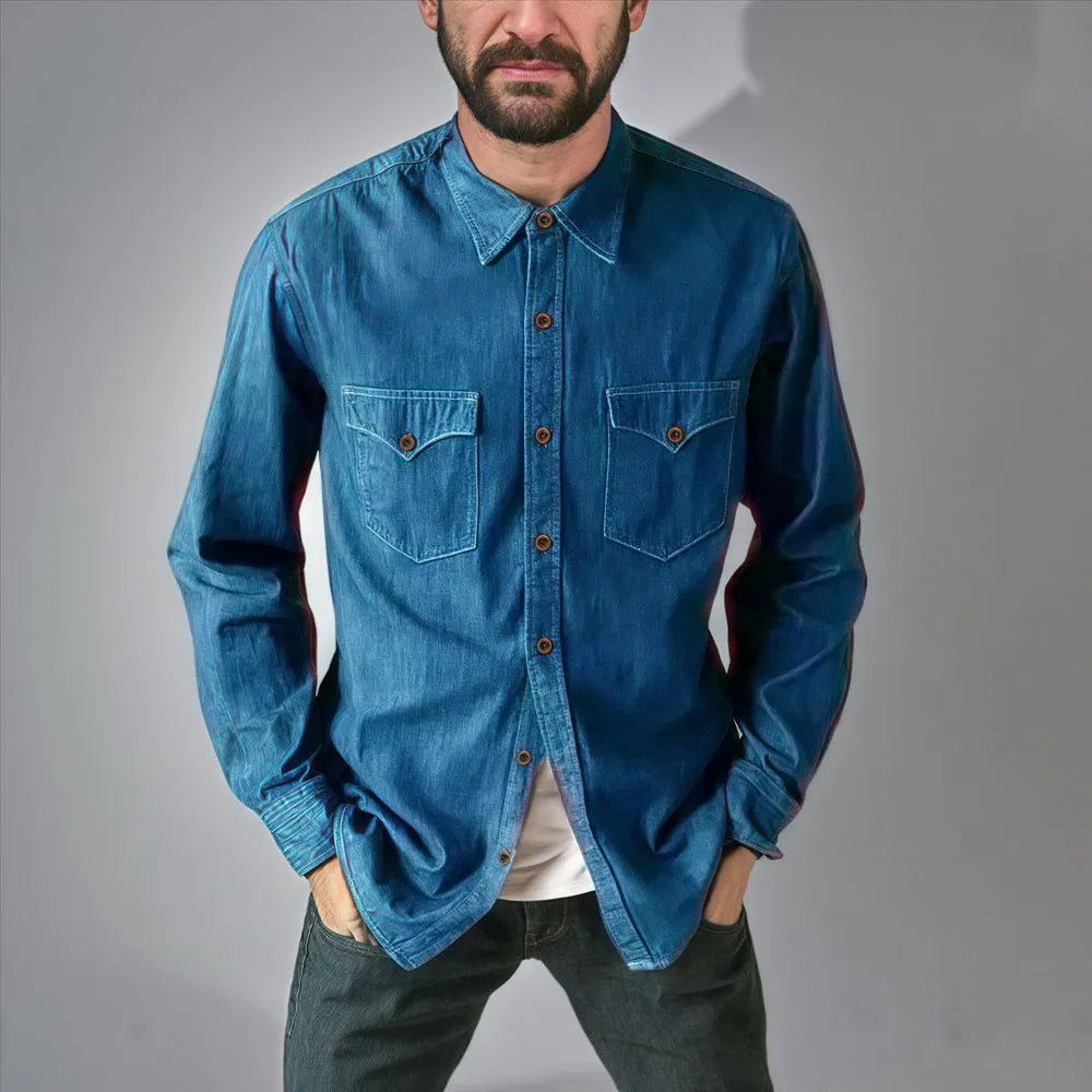 A khaki cotton denim cardigan coat hanging, showing its open front and regular fit.