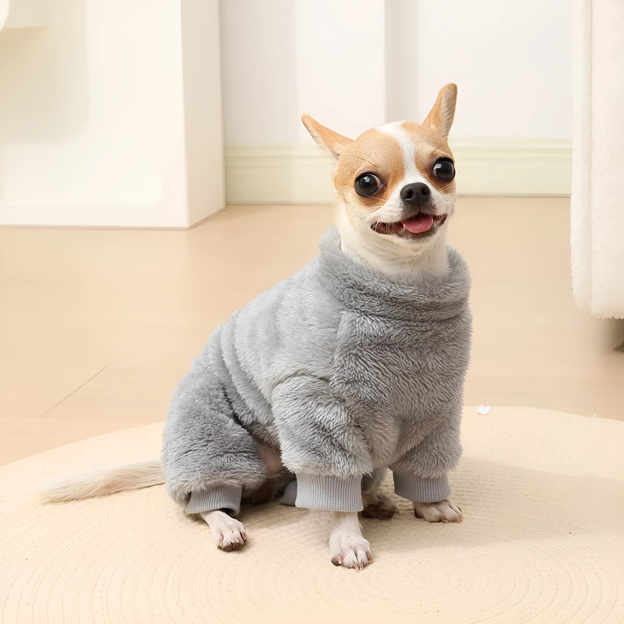 Polyester solid colour pet jacket with fur trim in gray, front view, size M