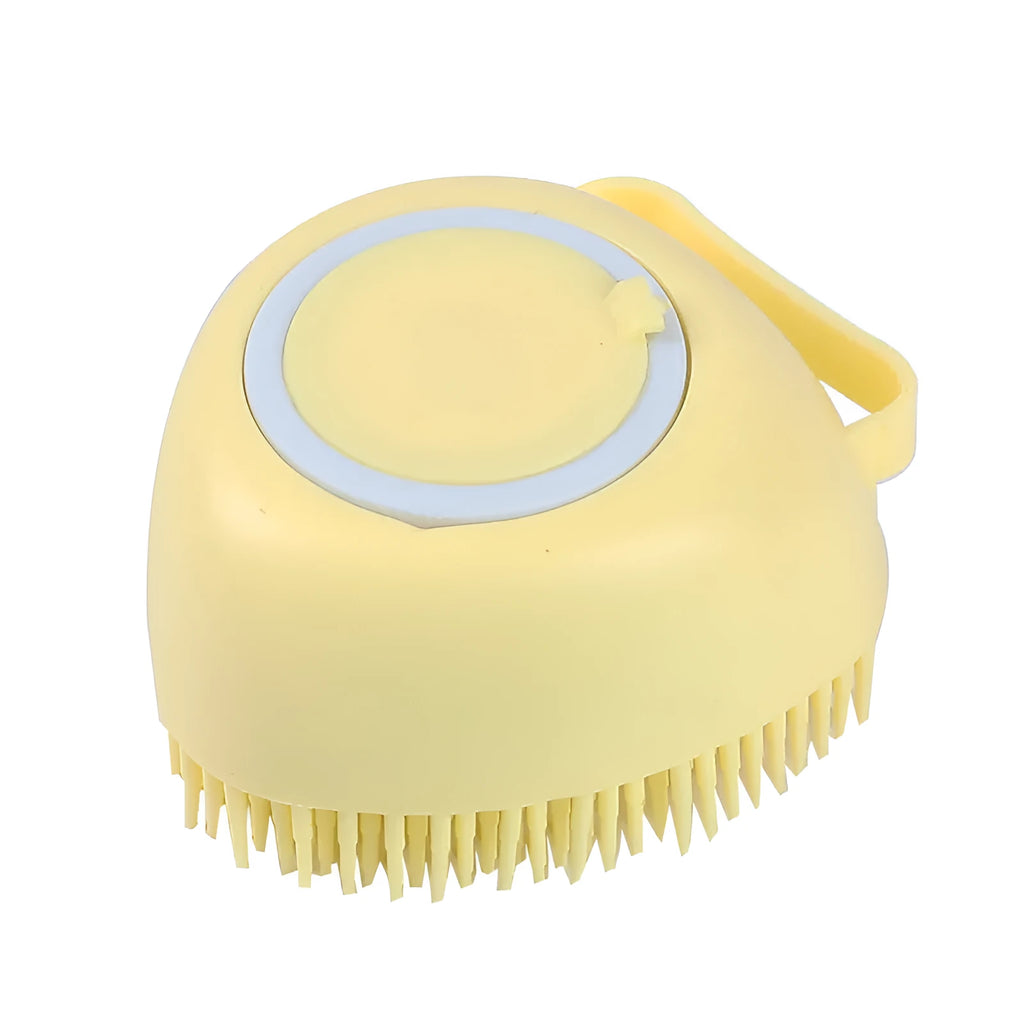 Silicone dog bath brush with finger loops in blue, pink, and yellow colour options