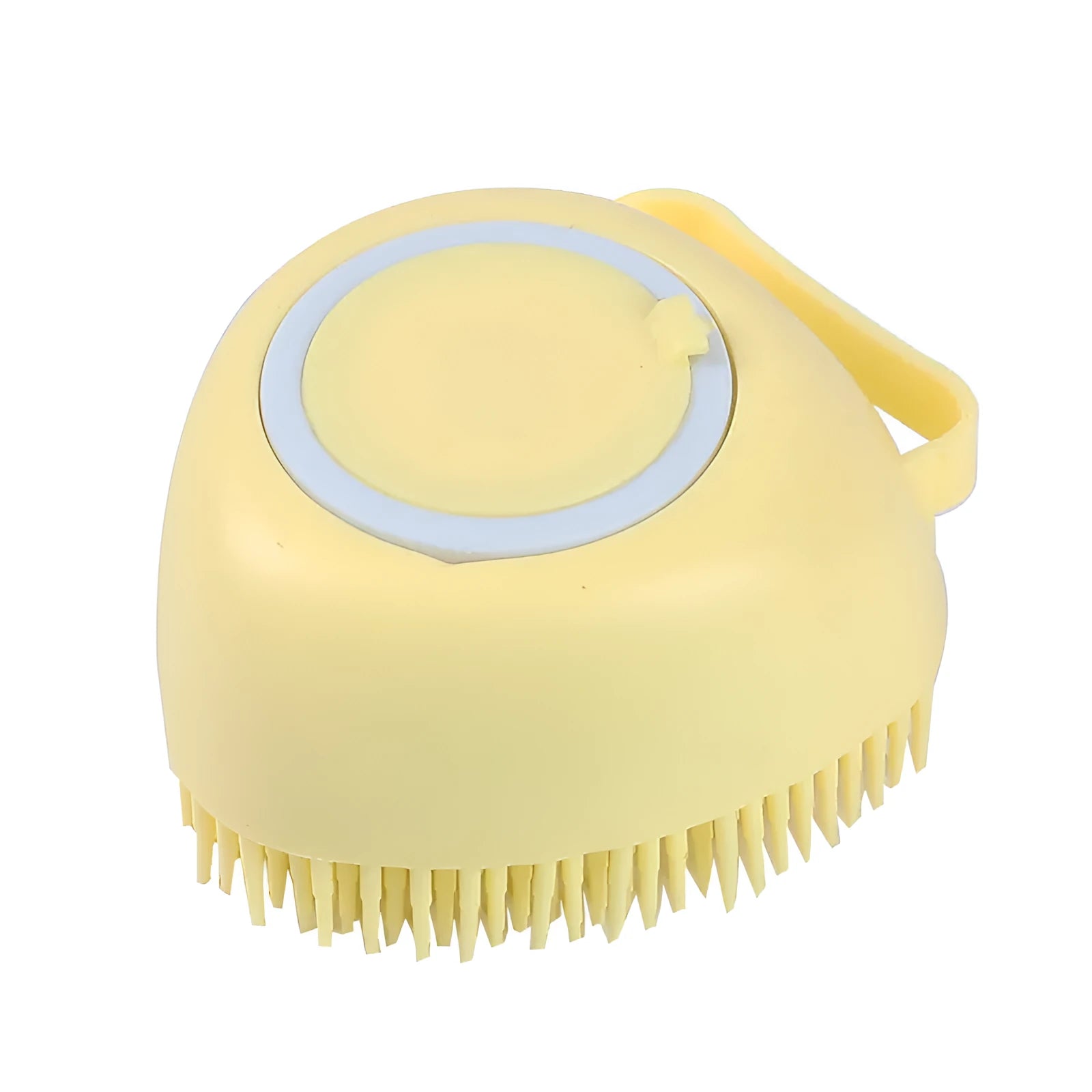 Silicone dog bath brush with finger loops in blue, pink, and yellow colour options