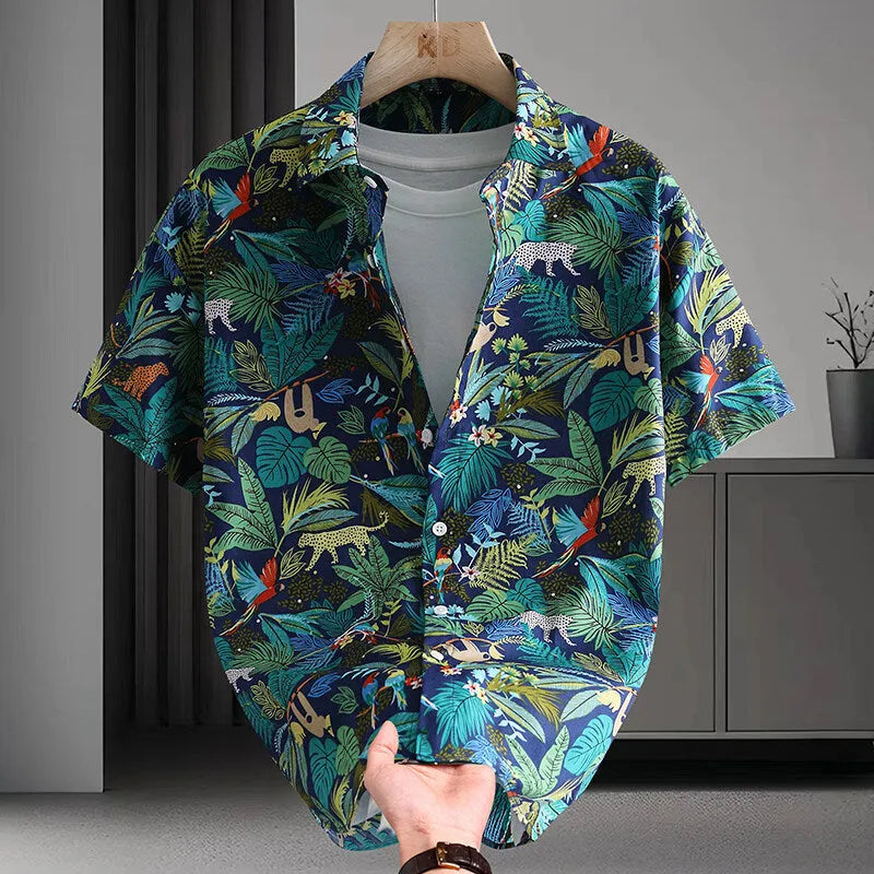 Men's floral print summer shirt with short sleeves and colourful Hawaiian pattern on cotton fabric