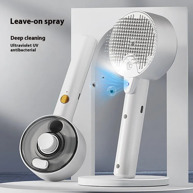 Ceramic white pet grooming comb with spray tank and blue UV light on for dog or cat hair removal.