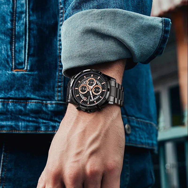 Men's waterproof luminous quartz watch with steel belt in black/blue, black/gold, or silver/white colour options