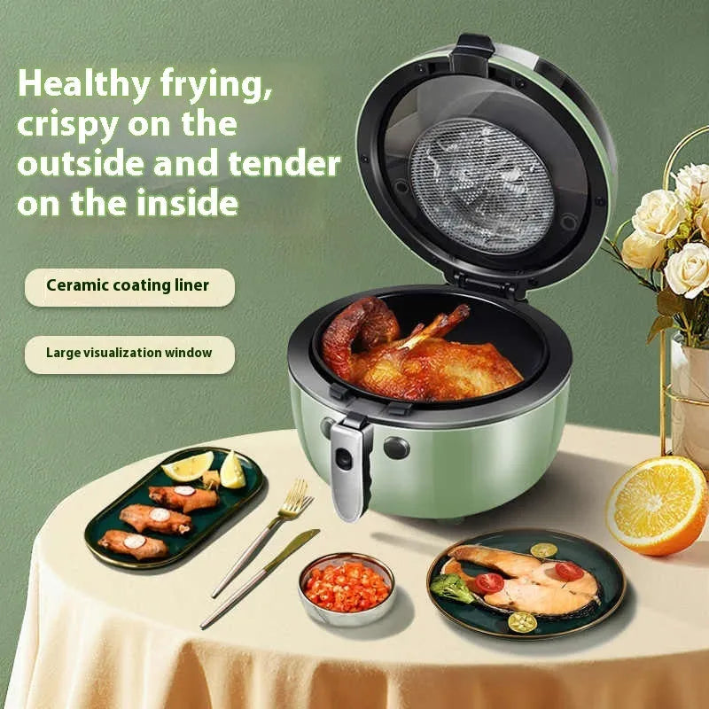 White air fryer oven with clear viewing window on door and mechanical dial controls on front.