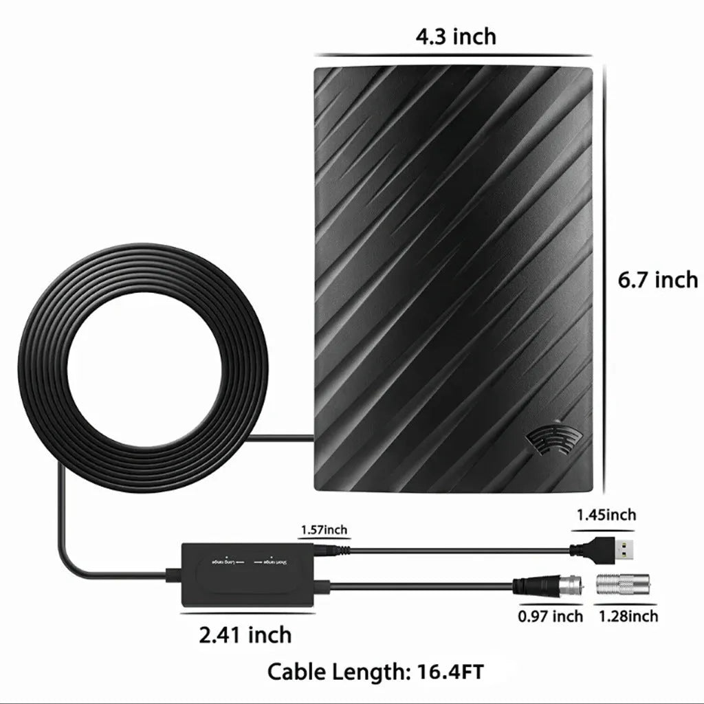 Black plastic digital HD television antenna with mounting screws, expansion tubes, cable ties, and adhesive tape.