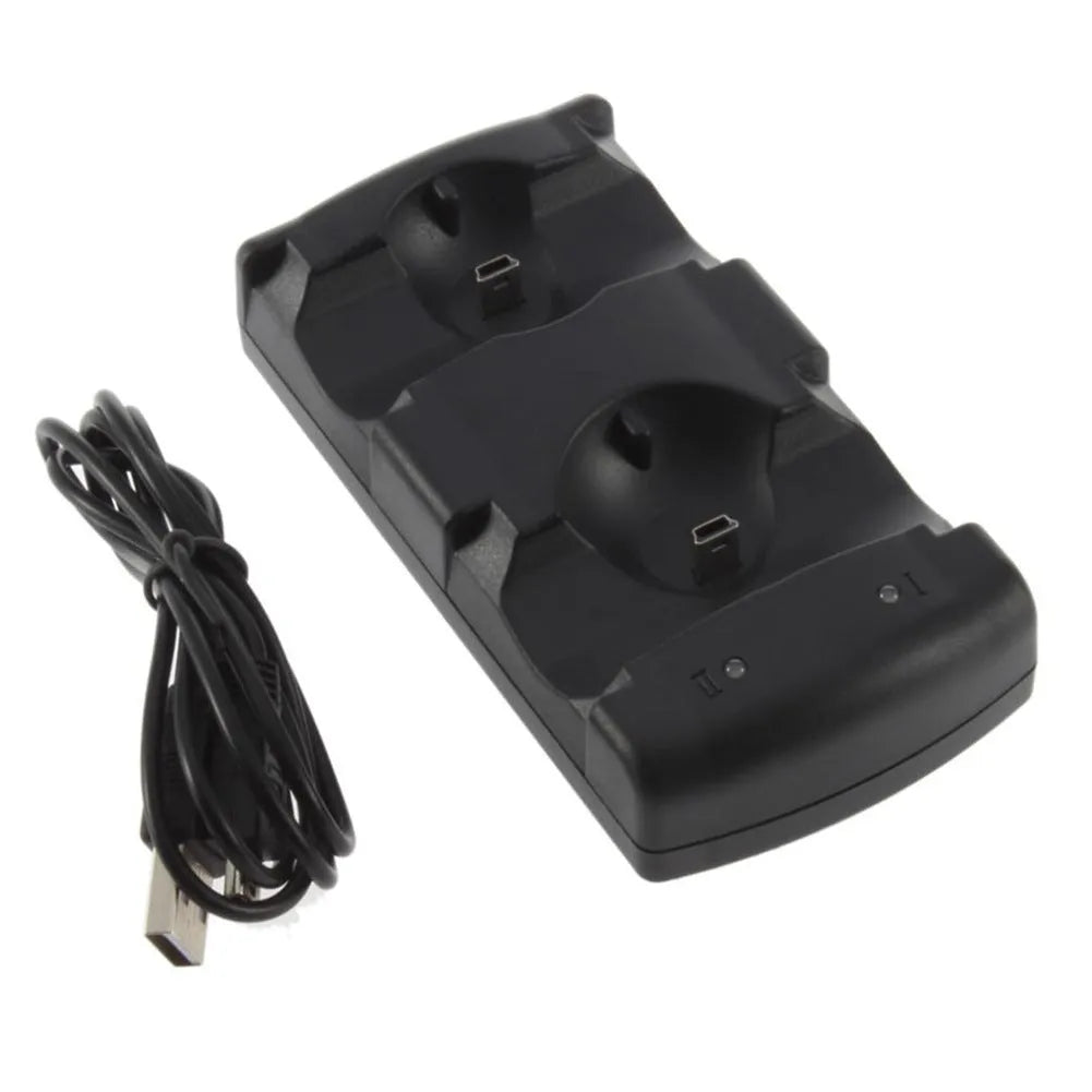 Black PS3 two-in-one wireless charging stand for PlayStation 3 controllers with USB cable