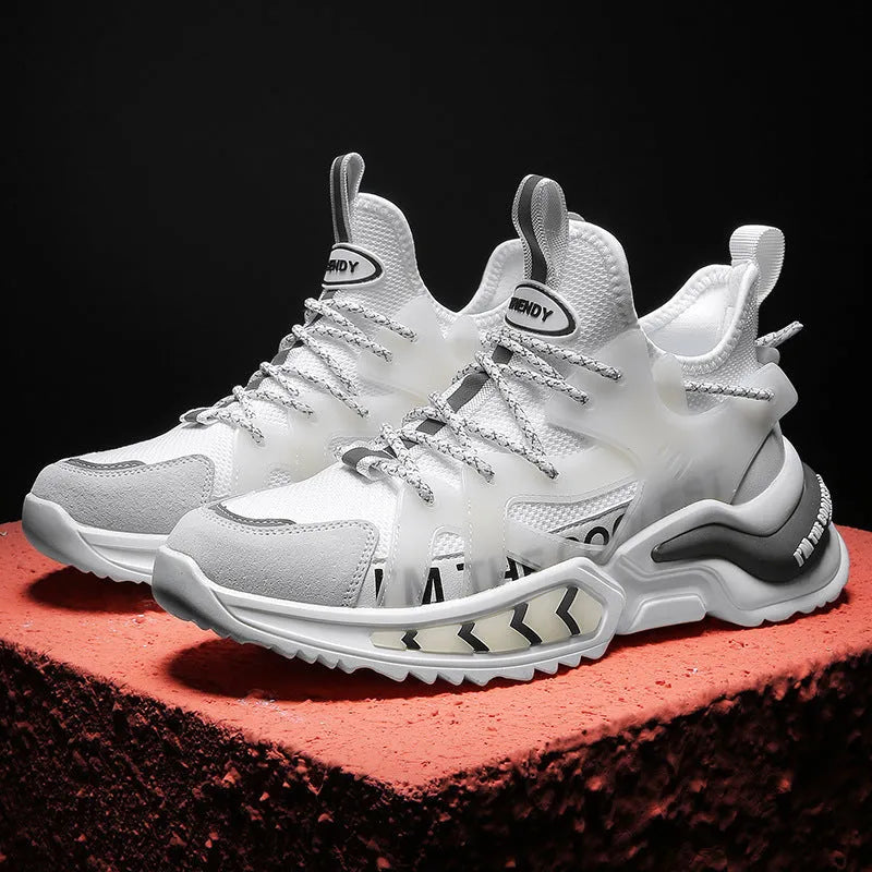 Men's high top sneakers in white with PU and mesh upper, hollow-out details, and thick sole