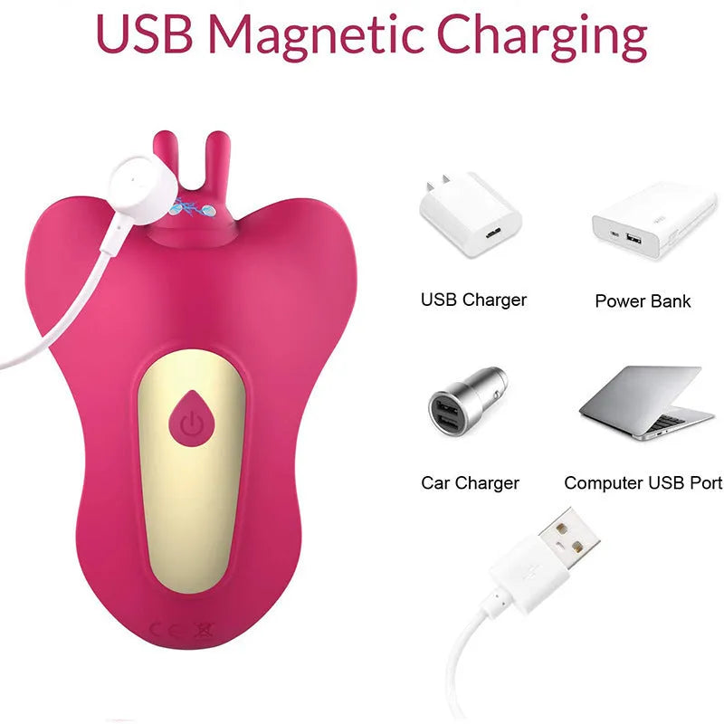 Remote control wearable butterfly dildo in red silicone with remote and USB cable, on plain background