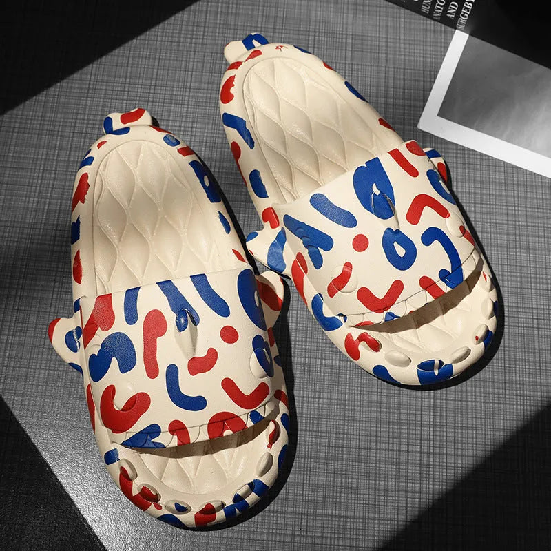 Shark-themed couple open toe slippers in beige EVA material on a white background.