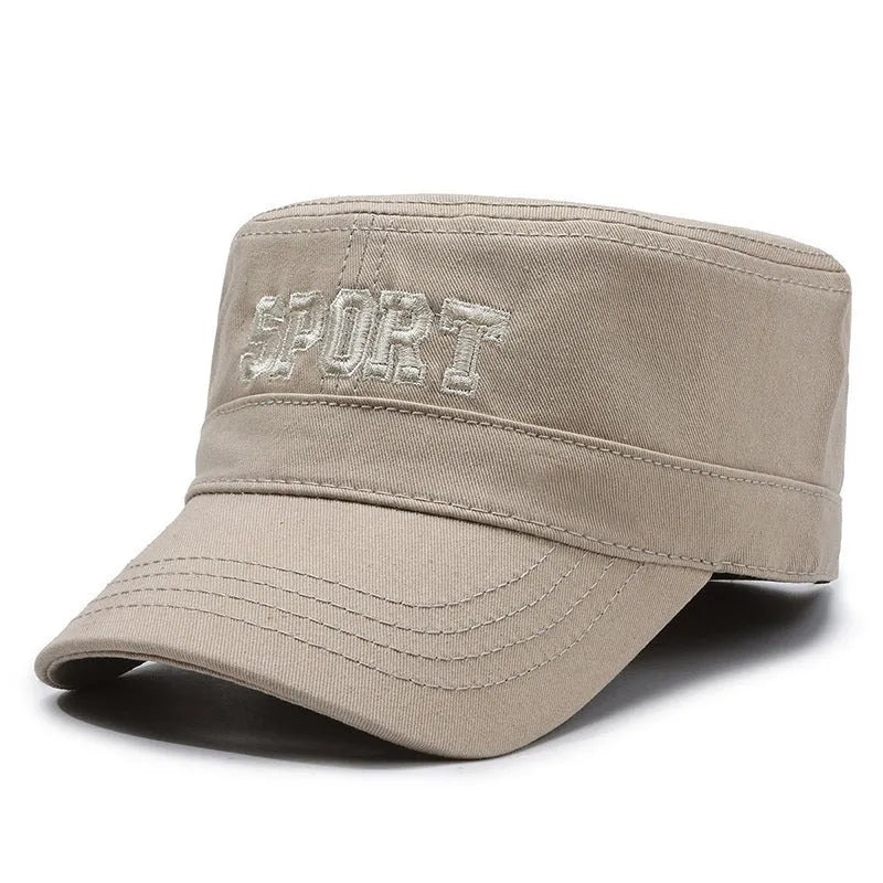 Men's flat-top peaked cap in cotton on adjustable strap, shown in army green colour.