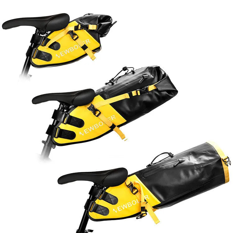 Yellow waterproof PVC bicycle tail bag mounted on a bike rear rack, showing its 13-litre capacity and mounting straps.