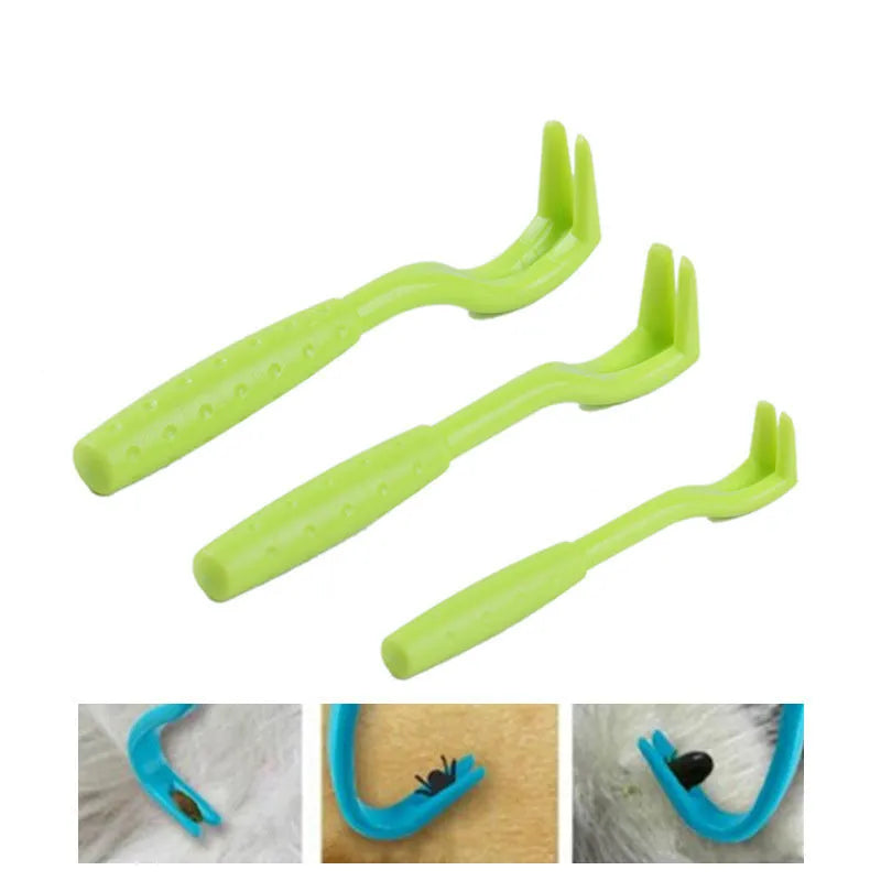 Three plastic pet tick removal clips in blue or green colours for dog and cat grooming