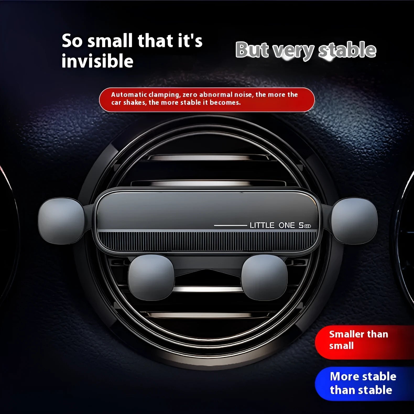 Gravity damping car air outlet phone mount in elegant silver with 17mm ball head sucker and 48g weight