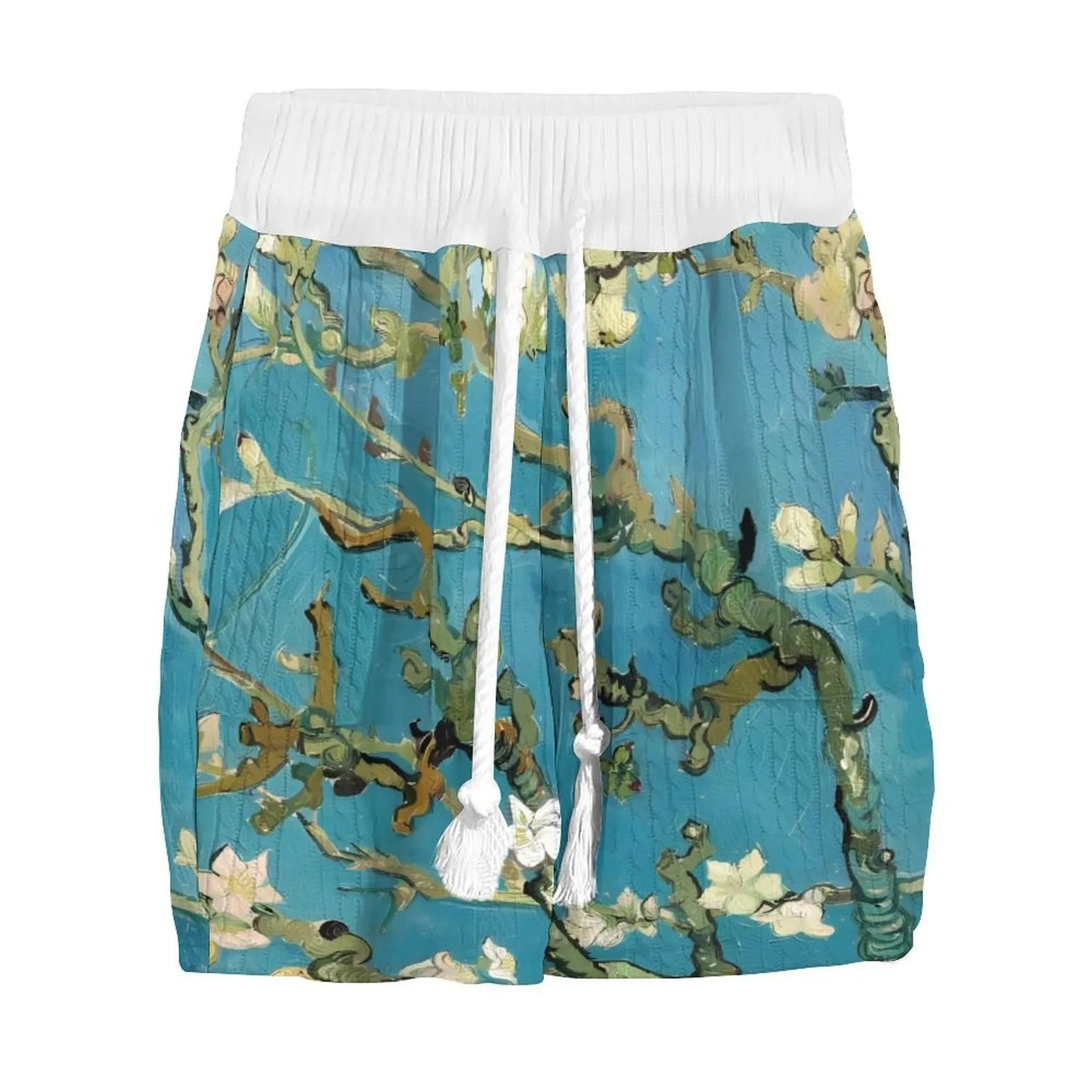 Peacock blue men's 3D printed knitted shorts suit with short-sleeve top on a mannequin