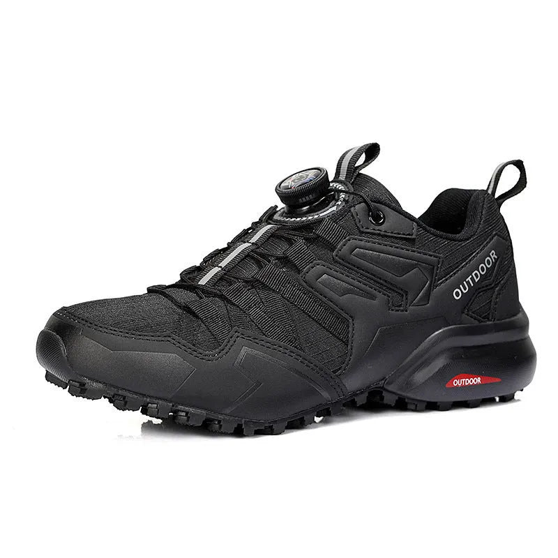 Men's lightweight beige hiking shoes with elastic band closure and rubber sole for off-road use.