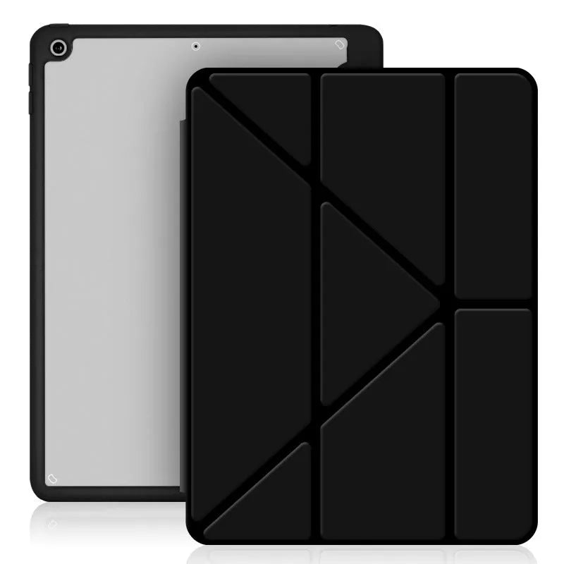 Imitation leather iPad case in dark grey showing folded bracket stand and open pen slot for Apple Pencil.