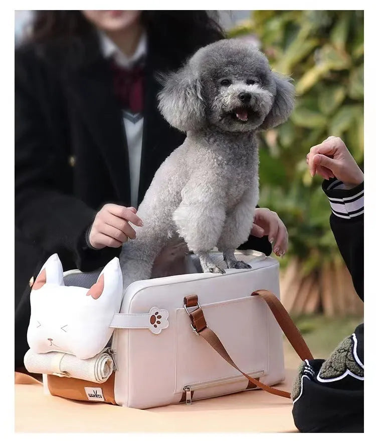 Beige hard-shell cat carrier with one shoulder strap showing EPE padding construction