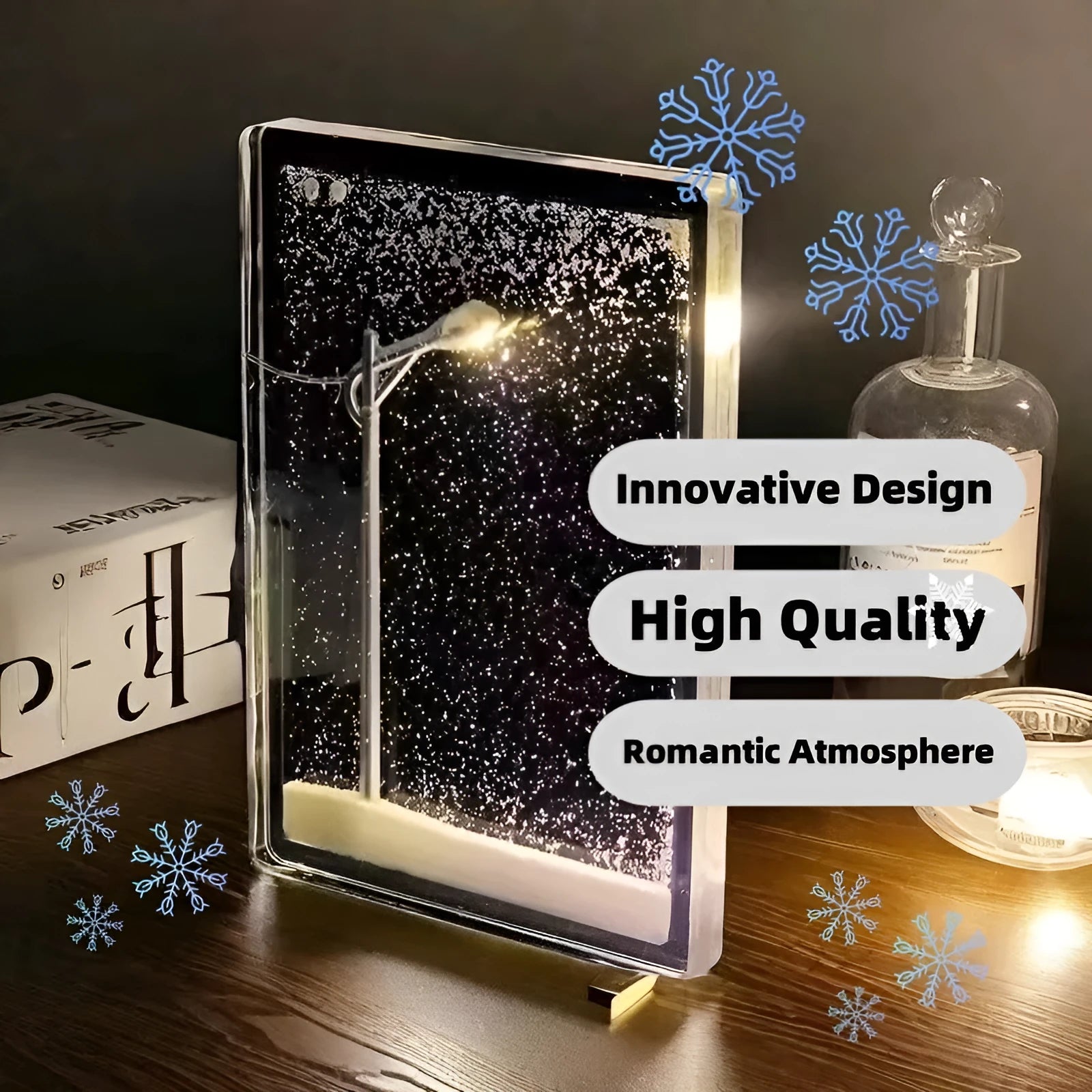 DIY kit components for assembling a snowy landscape night light with LED fairy lights