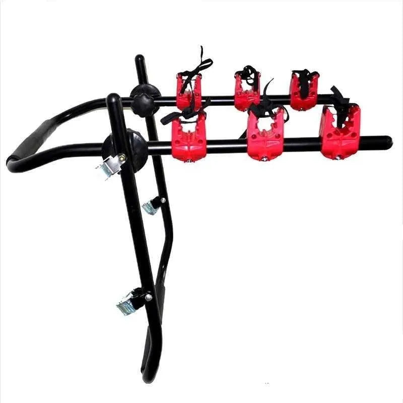 Black and red trunk mounted car bike rack with tie rope and pull belt fastening options.