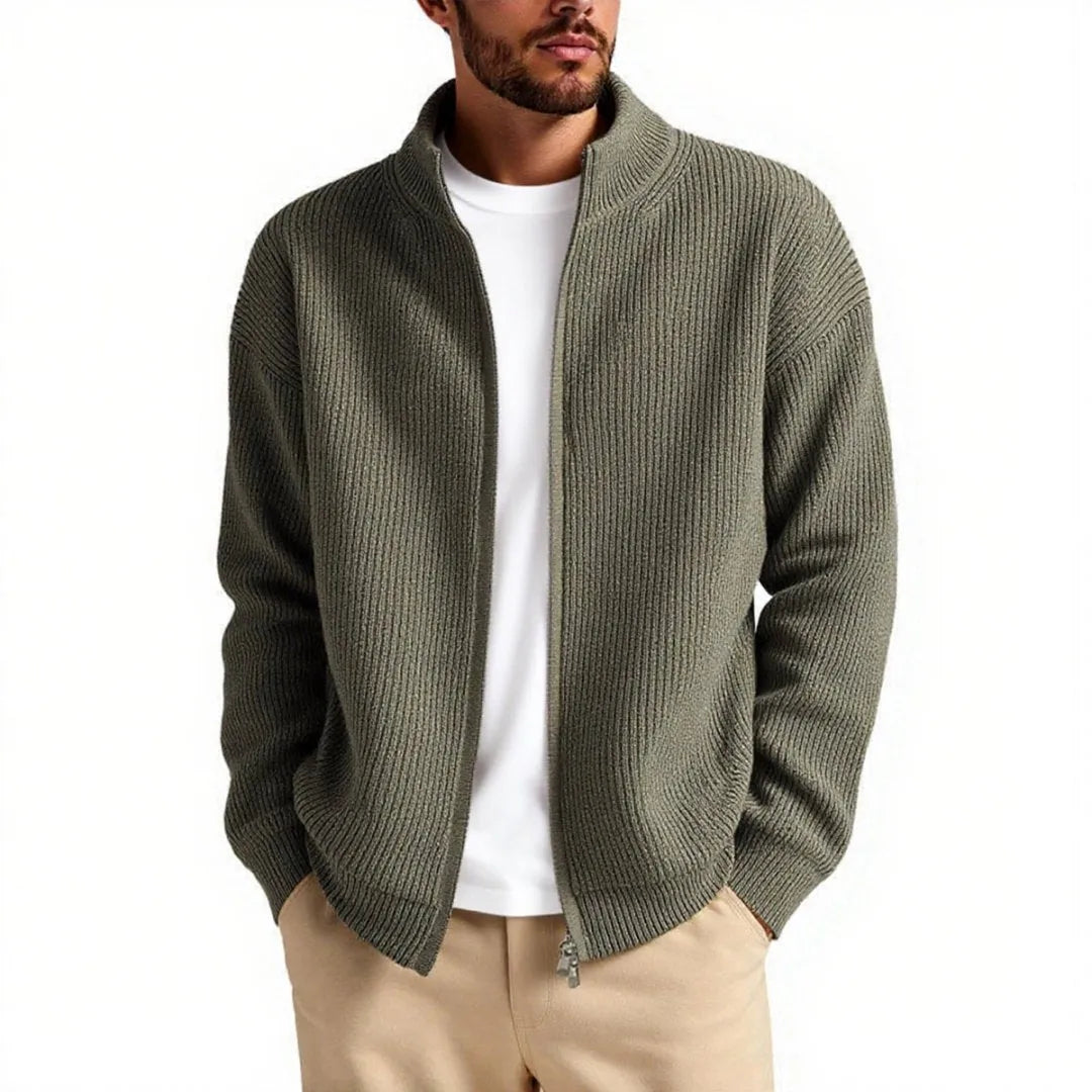 Men's loose fit cardigan sweater in acrylic blend fabric, shown in grey green colour.