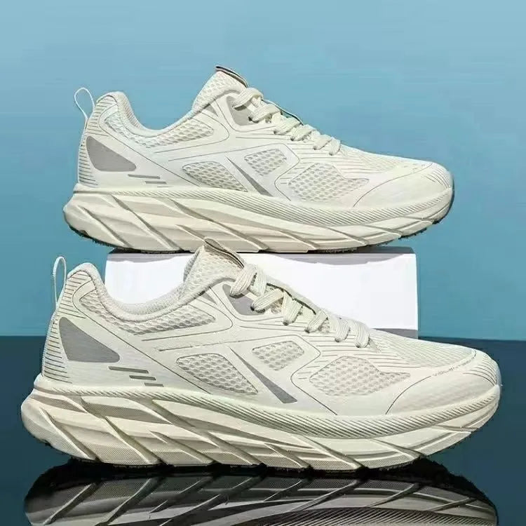 Red, beige, green, gray, and black mesh casual sneakers with round toe and plastic sole.