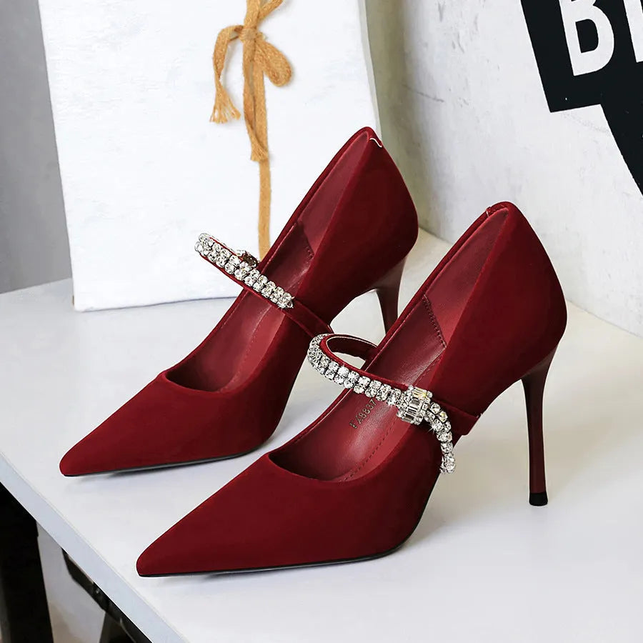 Pointed toe suede stiletto heels with rhinestone strap, ultra high heel over 8cm, in burgundy