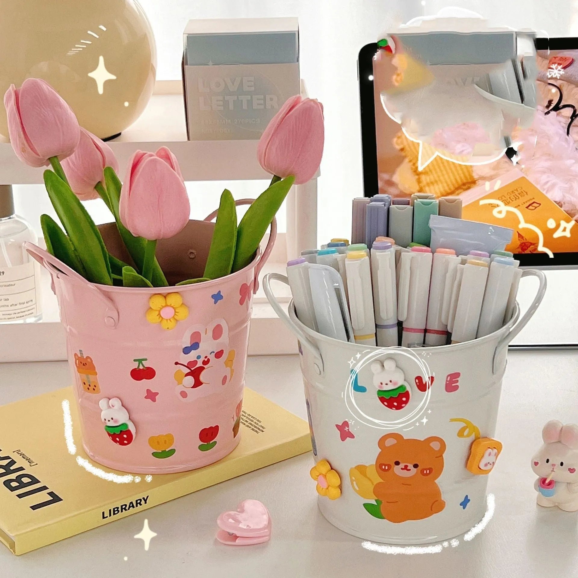 Round creative iron art metal pen holder in pink, green, red, white, and yellow colour options.