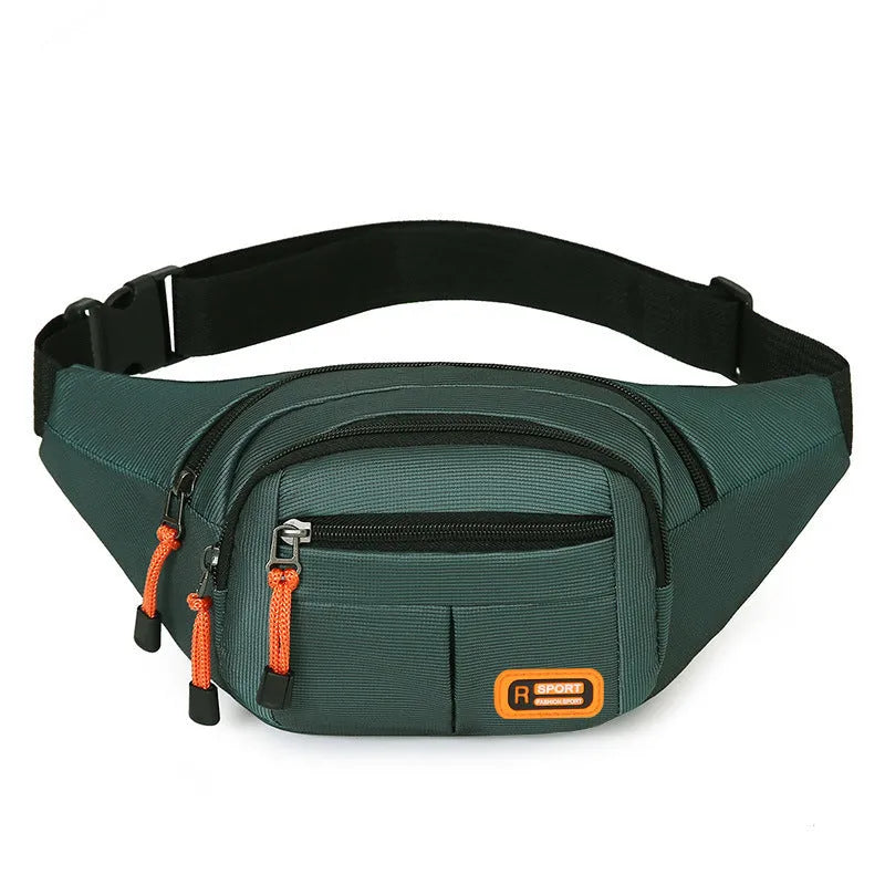 Large black waterproof slanted chest bag made of nylon, showing its front compartment and adjustable strap.