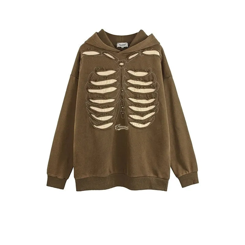 Men's loose pullover hoodie with skull print in Antique Brown, front view, cotton fabric