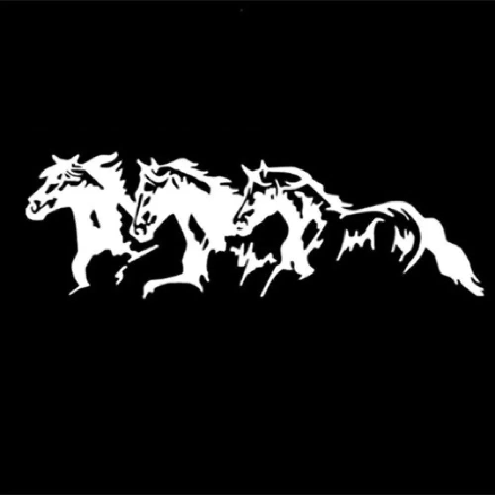 Three Horses design vinyl car sticker measuring 25 by 8 cm in black, white, red, and blue colour options.