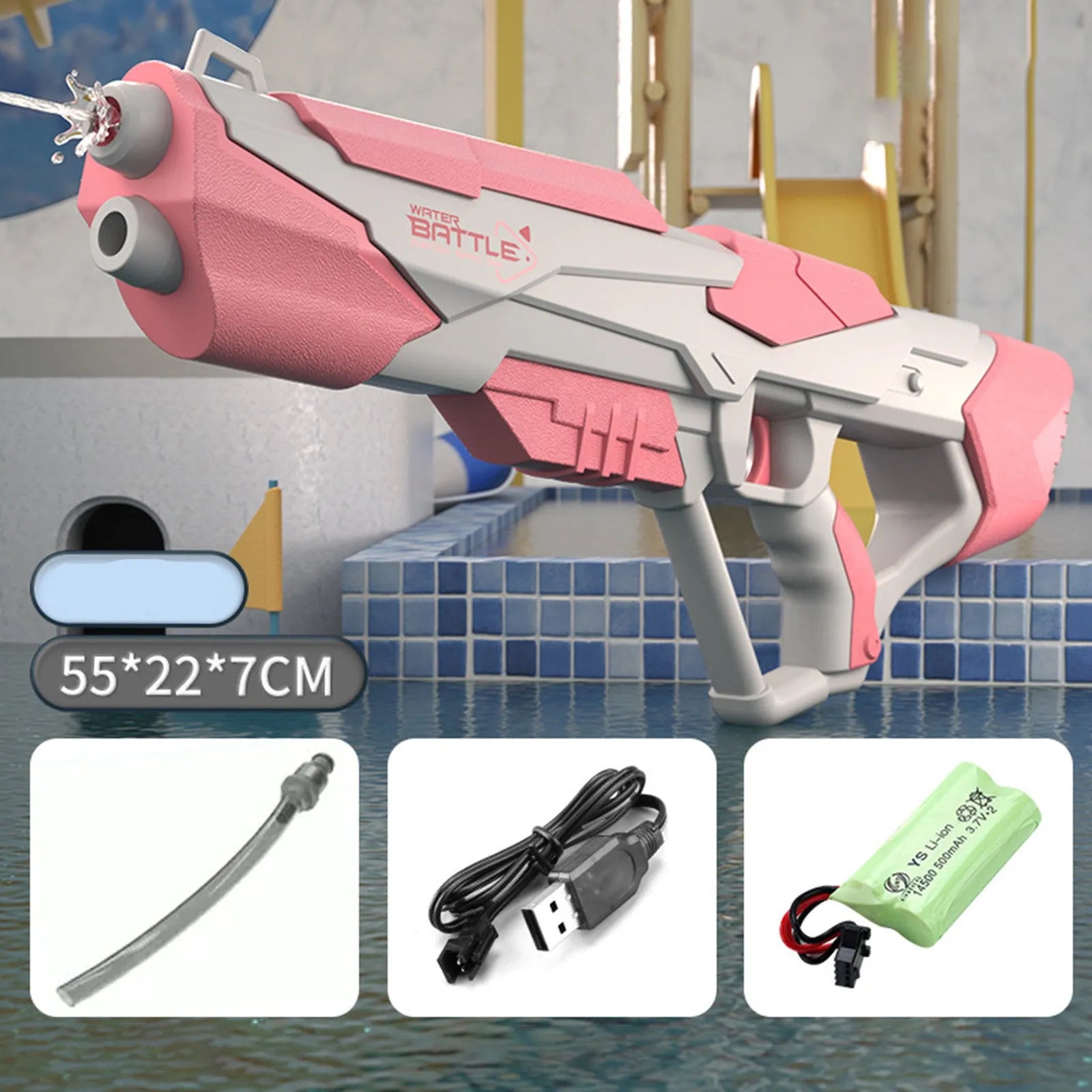 Blue electric water gun toy with USB charging cable on a sandy beach