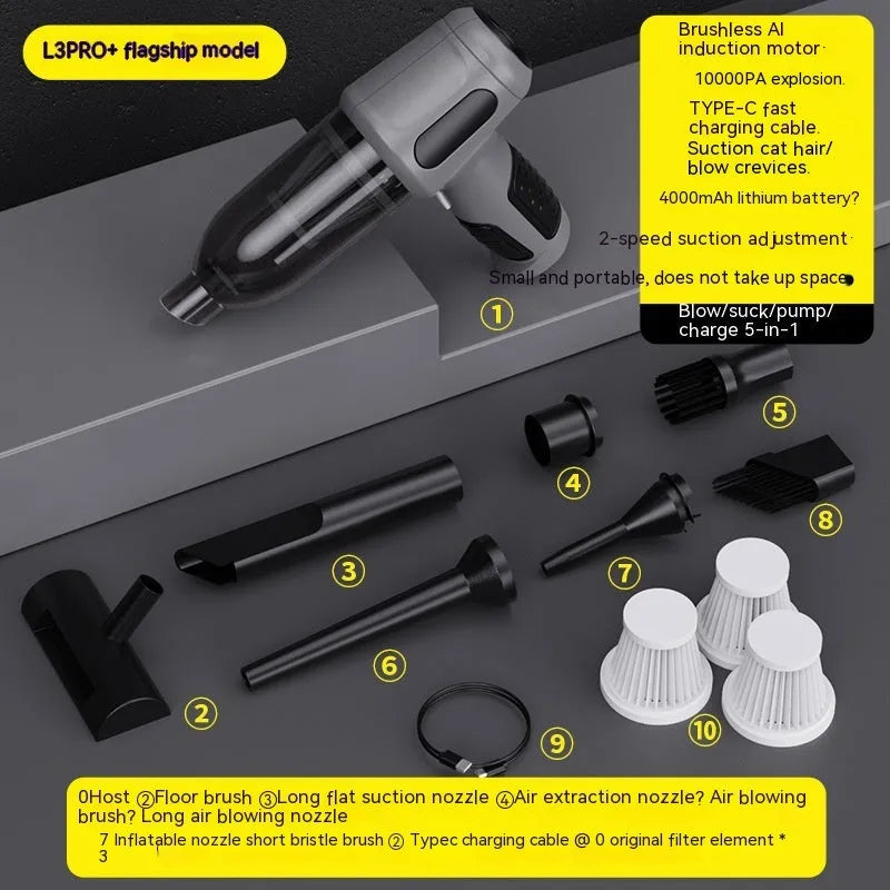 Handheld car vacuum cleaner with nozzle attachments in black, white, or grey colours