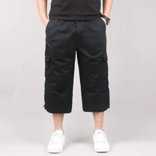 Men's cotton cropped casual pants in khaki colour with loose fit for sports activities