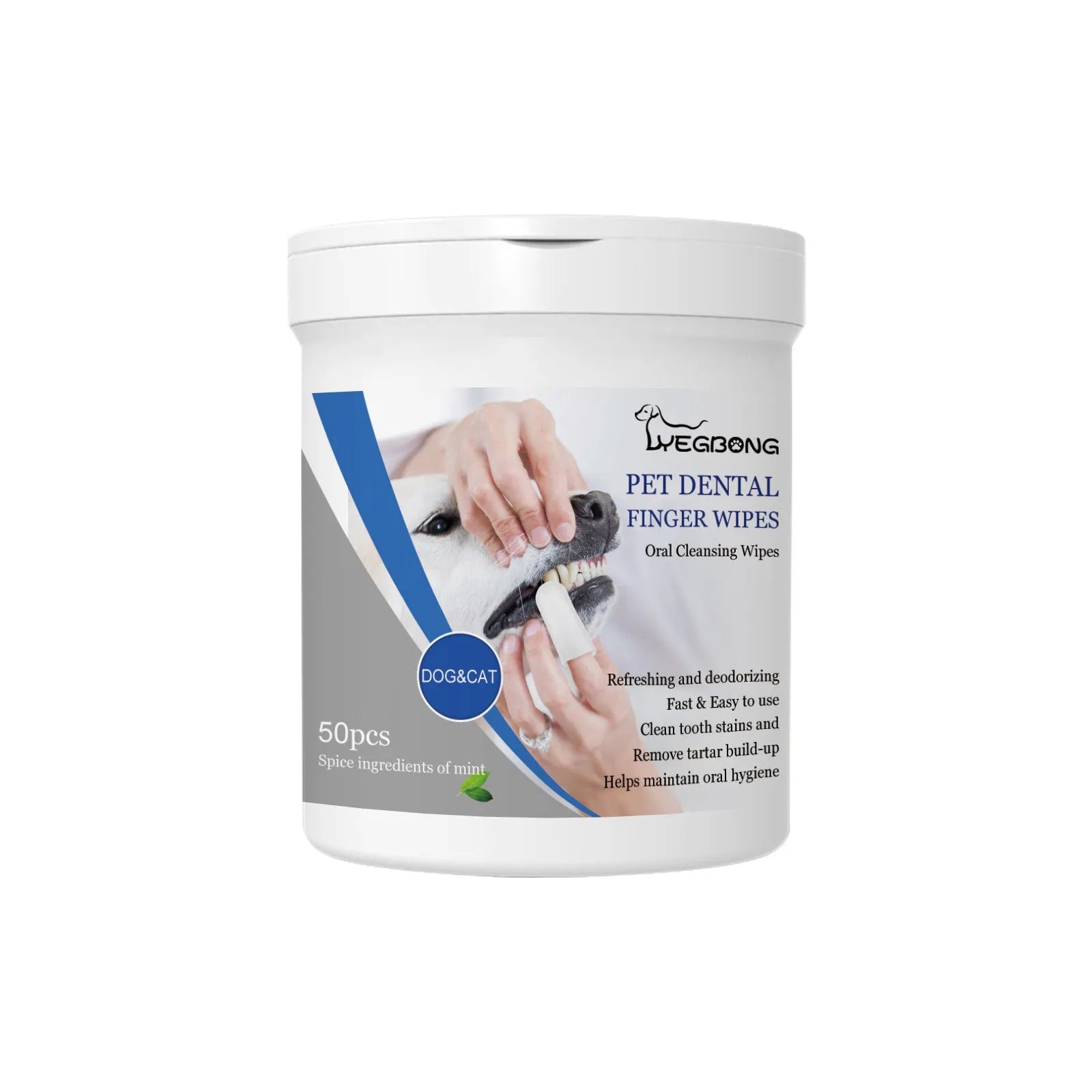 Canister of 50 pet teeth finger stall wipes for dog dental hygiene and oral care