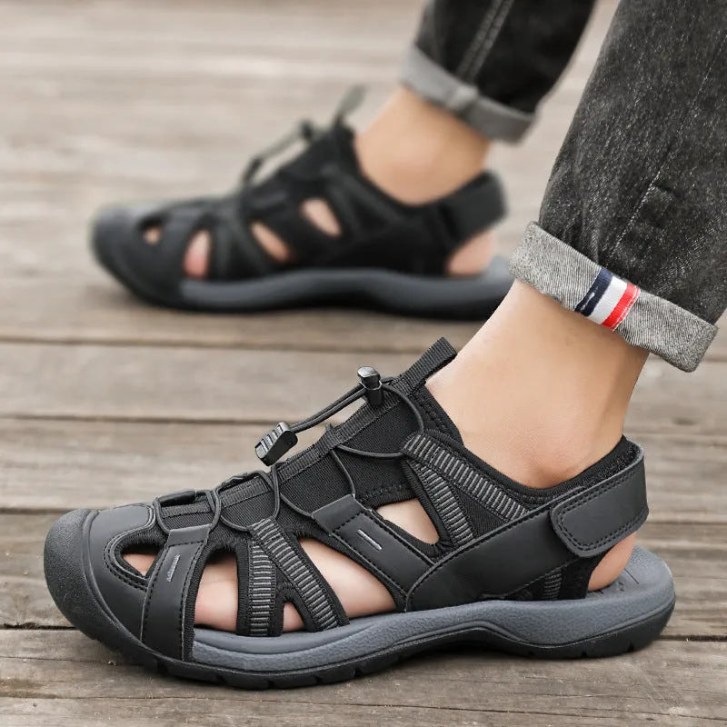 Men's blue casual sports shoes with mesh upper, Velcro straps, and rubber sole.
