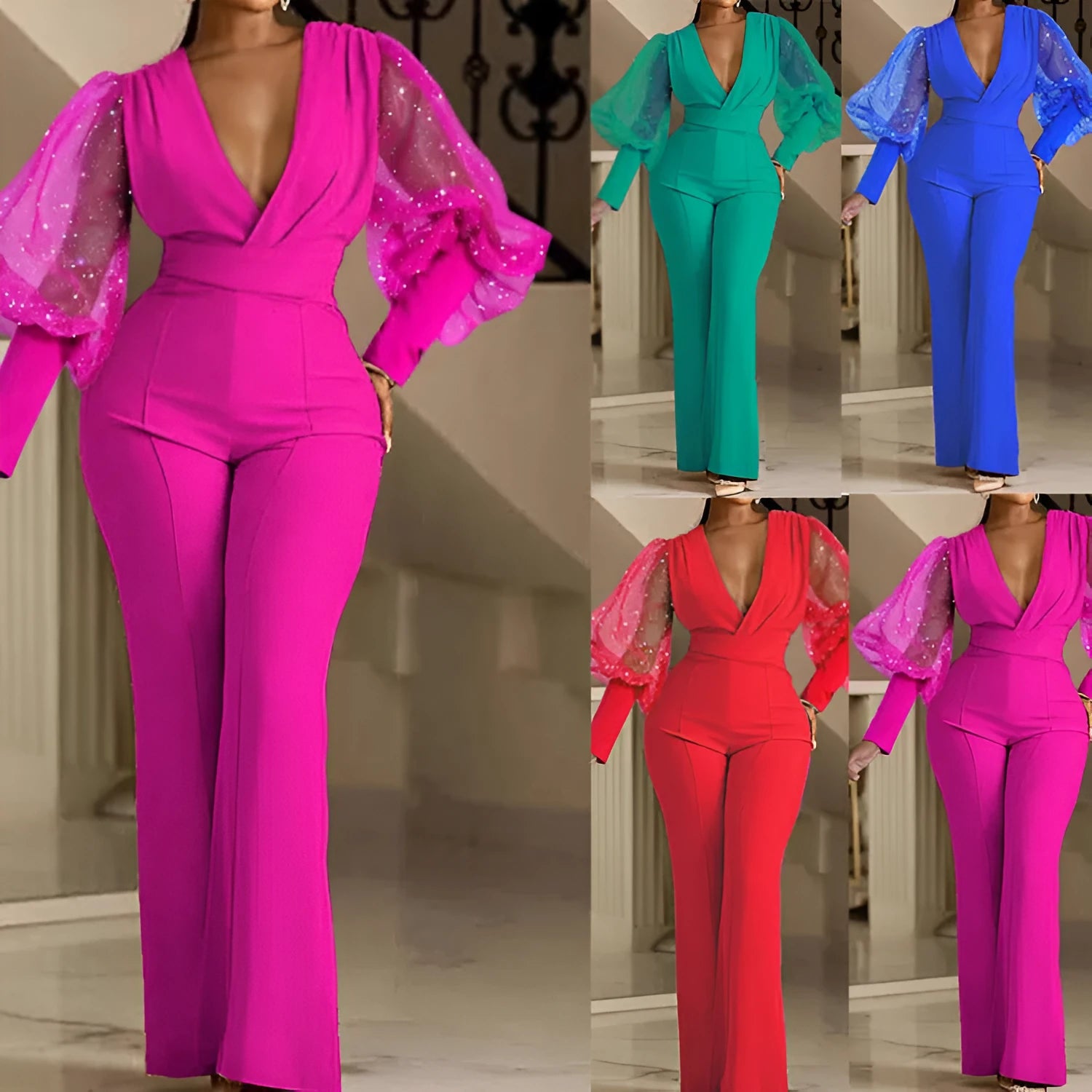 Women's wide leg jumpsuit with mesh stitching detail on long sleeves and elastic waistband