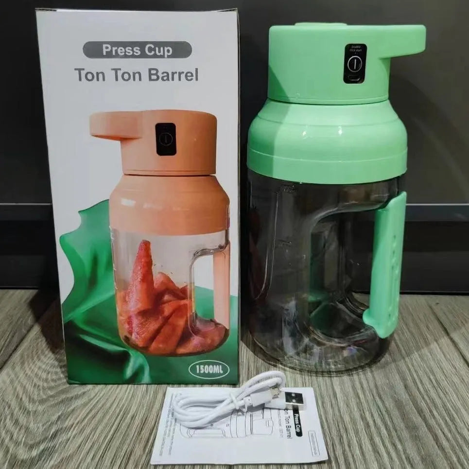 Portable electric juicer blender with 1500ml capacity in emerald green colour, showing USB charging port and double handles.