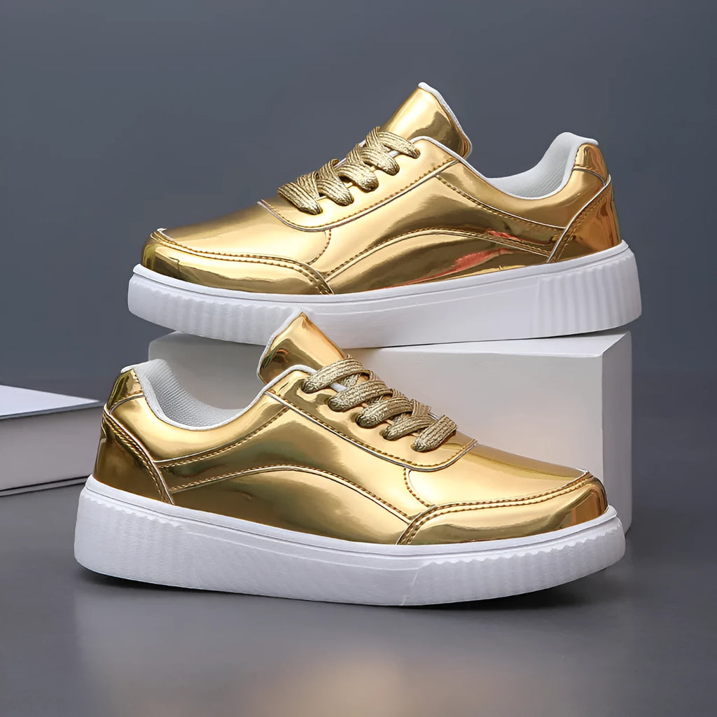 Rose gold platform sneakers with sequin details and a thick MD sole.