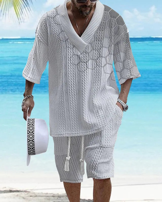 Men's knitted drop-shoulder short-sleeve top and matching shorts suit set on a mannequin.