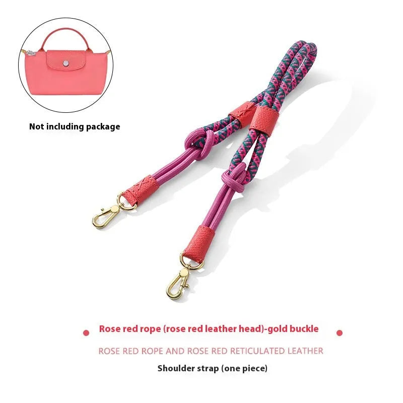 Braided nylon rope shoulder strap with cowhide leather accents and an alloy buckle.